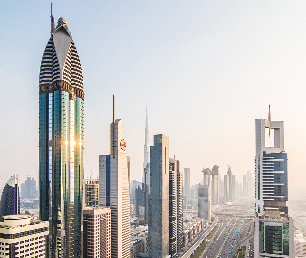 Dubai skyline in sunset time, United Arab Emirates